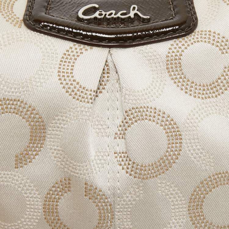 Pre Owned Coach Off White/Dark Brown Signature Fabric and Patent Leather Shoulder Bag