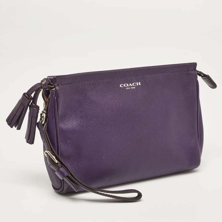Pre Owned Coach Purple Leather Wristlet Clutch