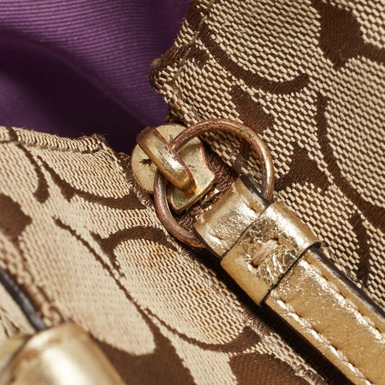 Pre Owned Coach Gold/Beige Signature Canvas, Leather and Suede Patchwork Tote