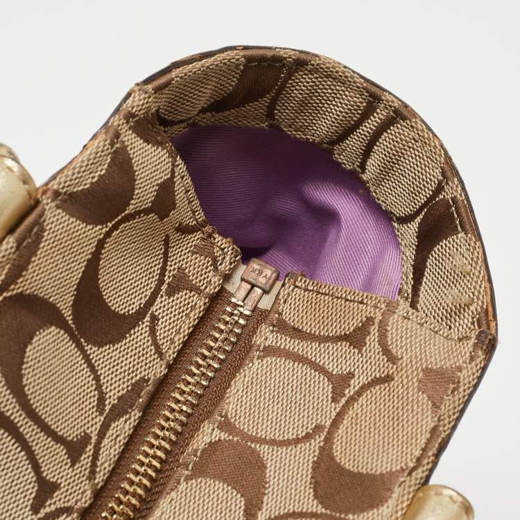 Pre Owned Coach Gold/Beige Signature Canvas, Leather and Suede Patchwork Tote