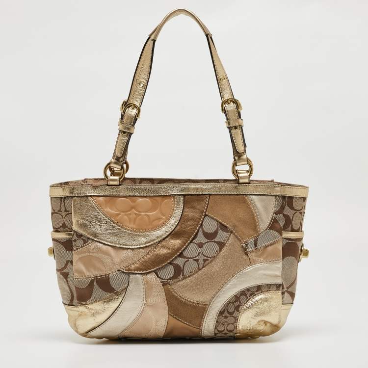 Pre Owned Coach Gold/Beige Signature Canvas, Leather and Suede Patchwork Tote