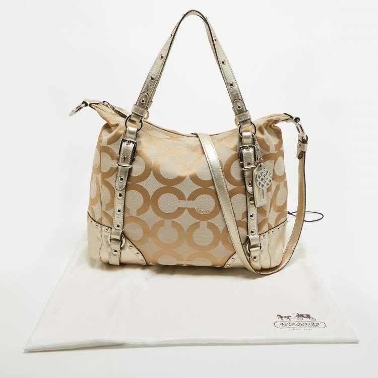 Pre Owned Coach Beige/Gold Op Art Signature Canvas and Leather Alexandra Satchel