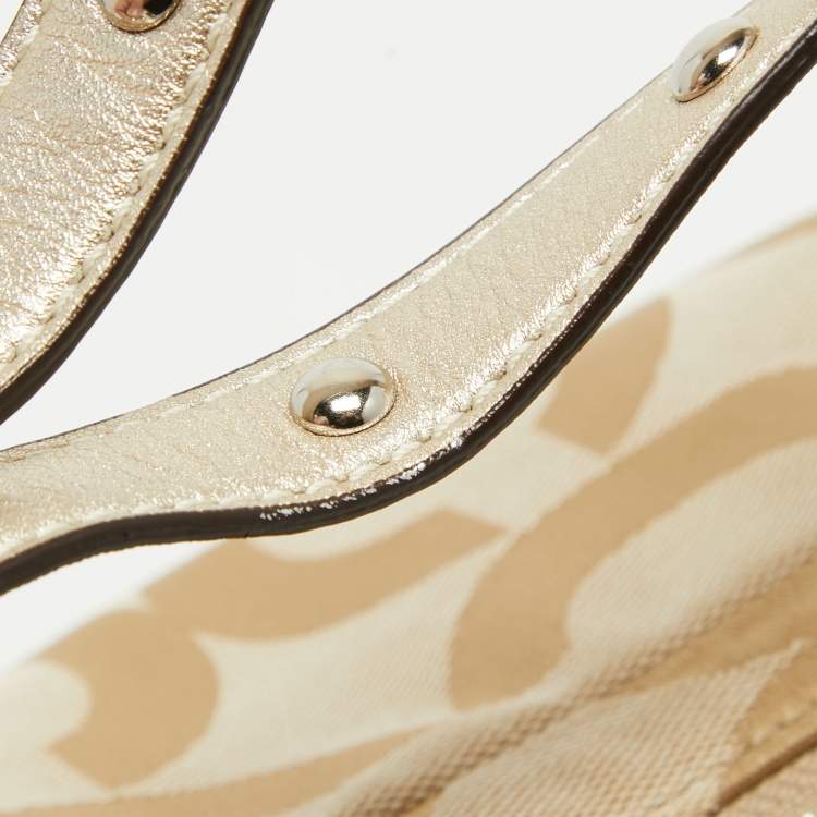 Pre Owned Coach Beige/Gold Op Art Signature Canvas and Leather Alexandra Satchel