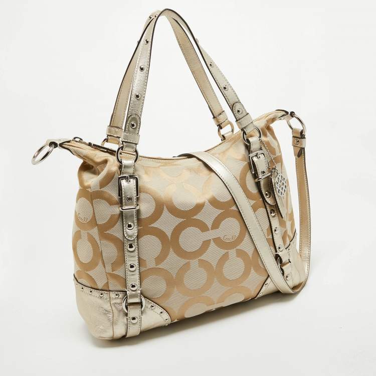 Pre Owned Coach Beige/Gold Op Art Signature Canvas and Leather Alexandra Satchel
