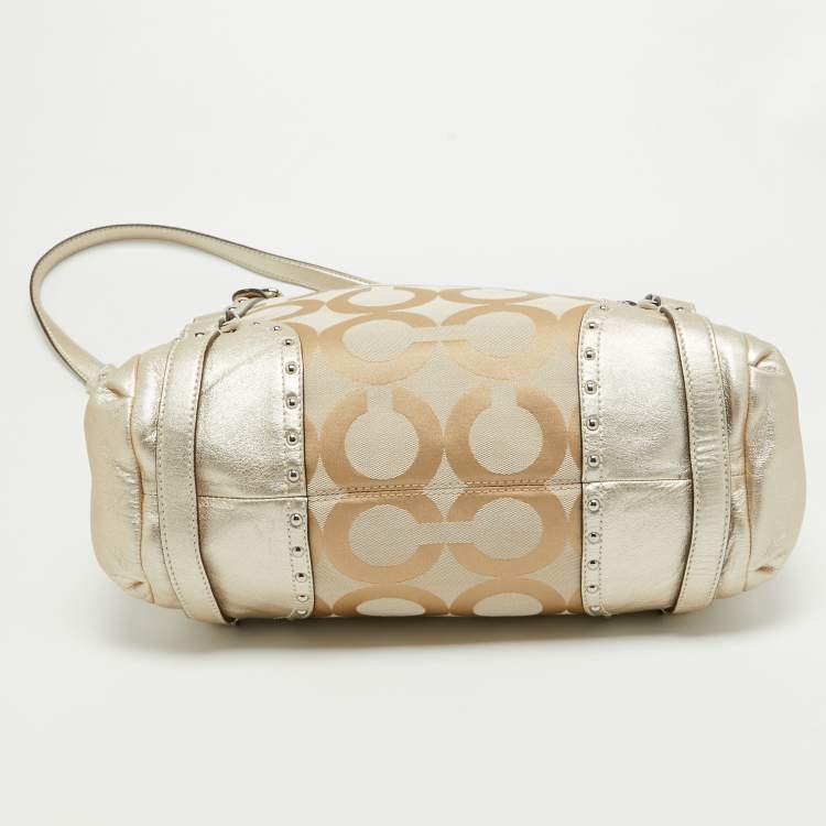 Pre Owned Coach Beige/Gold Op Art Signature Canvas and Leather Alexandra Satchel