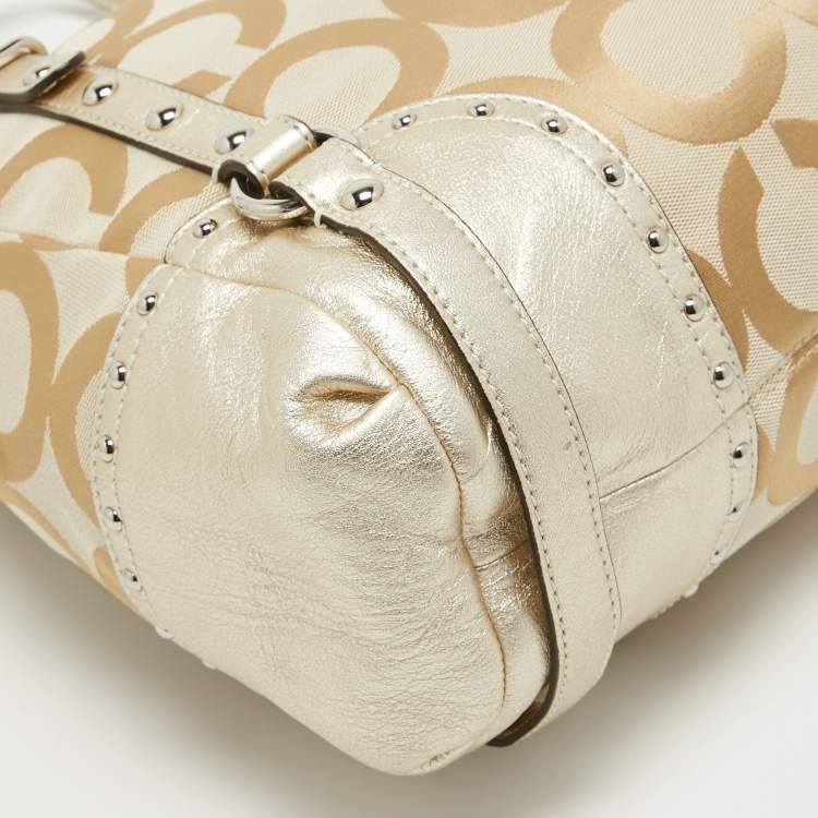 Pre Owned Coach Beige/Gold Op Art Signature Canvas and Leather Alexandra Satchel