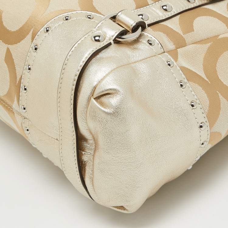 Pre Owned Coach Beige/Gold Op Art Signature Canvas and Leather Alexandra Satchel