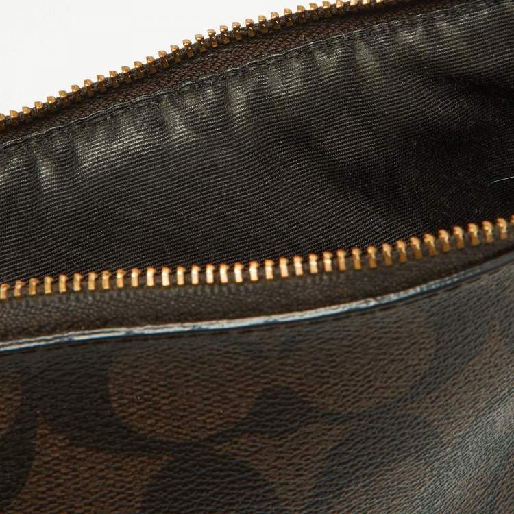 Pre Owned Coach Brown/Black Signature Coated Canvas and Leather Zip Crossbody Bag