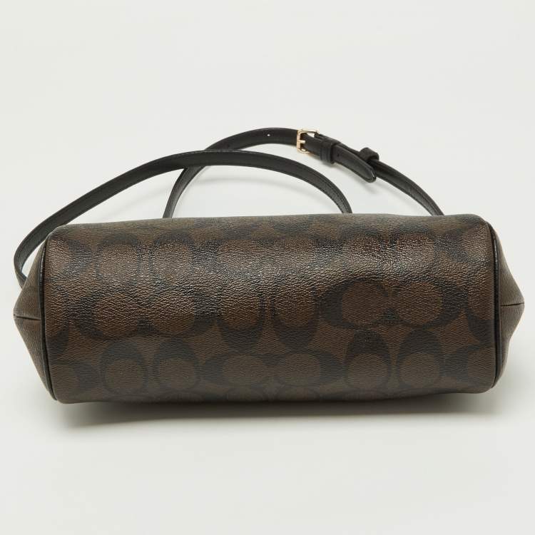 Pre Owned Coach Brown/Black Signature Coated Canvas and Leather Zip Crossbody Bag