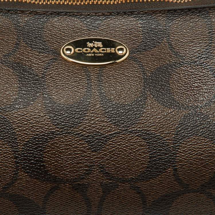 Pre Owned Coach Brown/Black Signature Coated Canvas and Leather Zip Crossbody Bag
