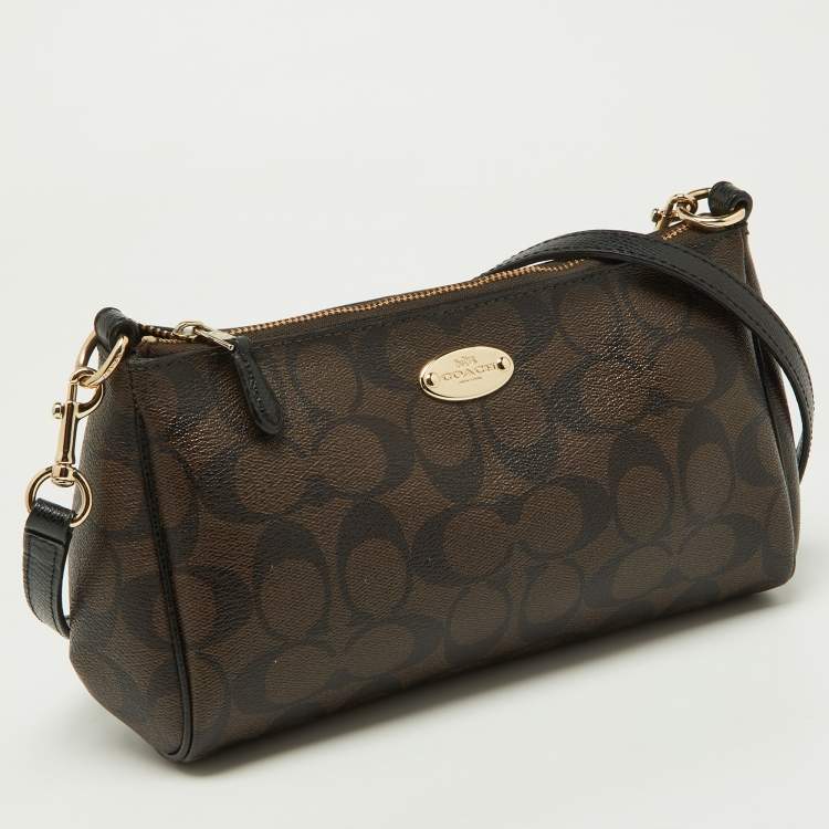 Pre Owned Coach Brown/Black Signature Coated Canvas and Leather Zip Crossbody Bag