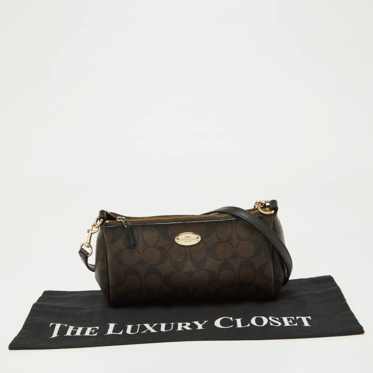 Pre Owned Coach Brown/Black Signature Coated Canvas and Leather Zip Crossbody Bag