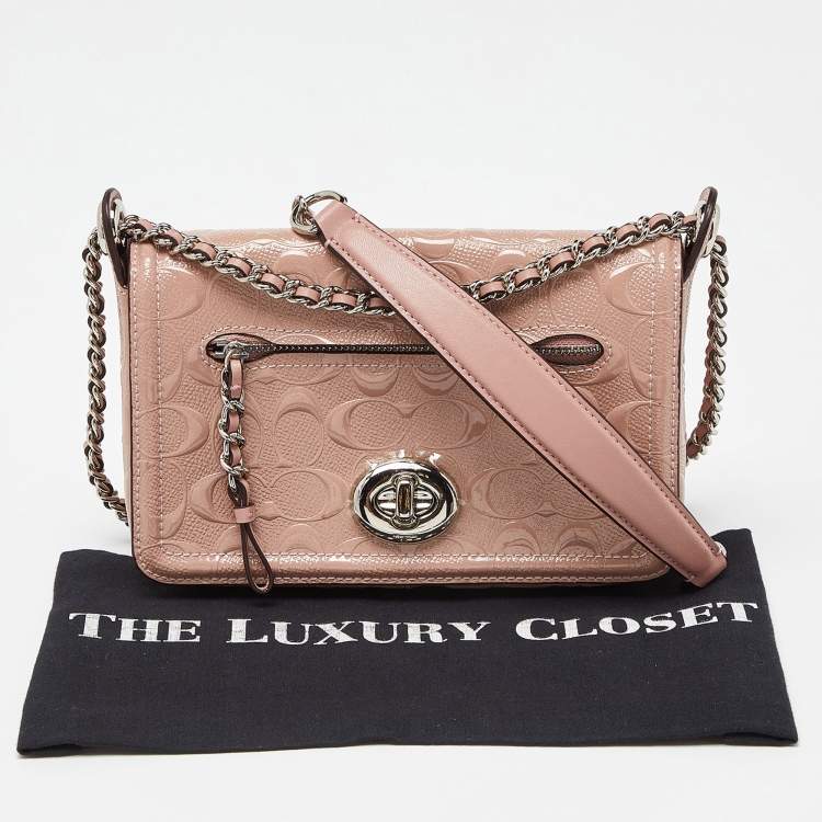 Pre Owned Coach Pink Signature Patent Leather Lex Crossbody Bag