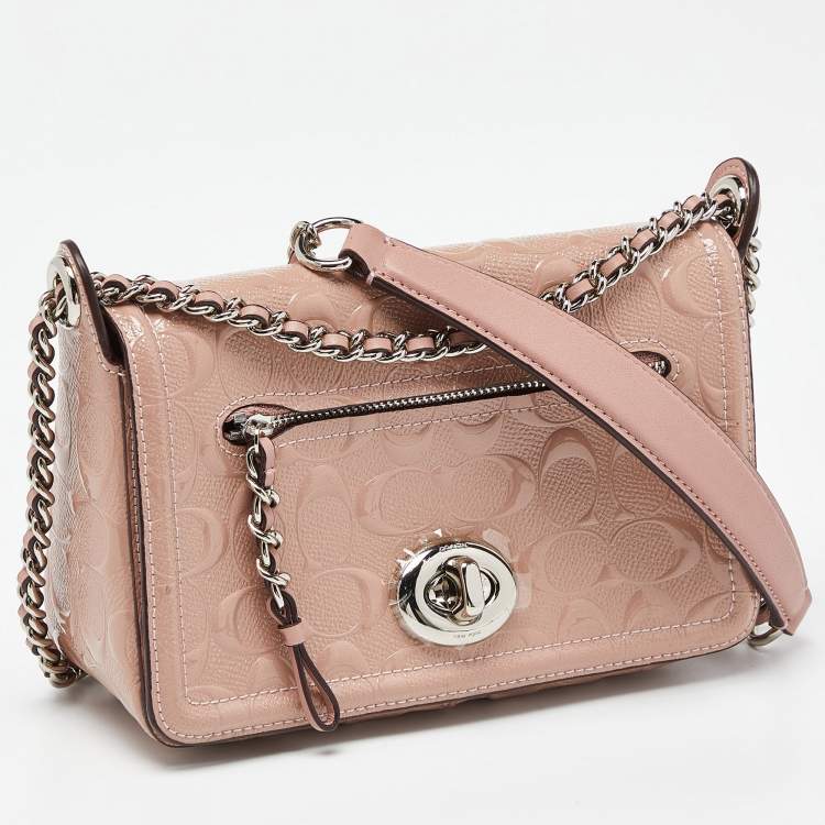 Pre Owned Coach Pink Signature Patent Leather Lex Crossbody Bag