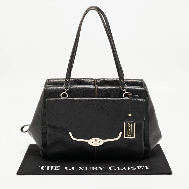 Pre Owned Coach Black Textured Leather E/W Madison Madeline Satchel