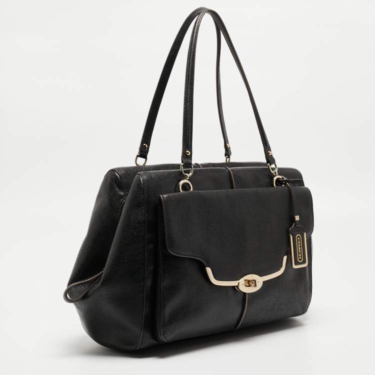 Pre Owned Coach Black Textured Leather E/W Madison Madeline Satchel