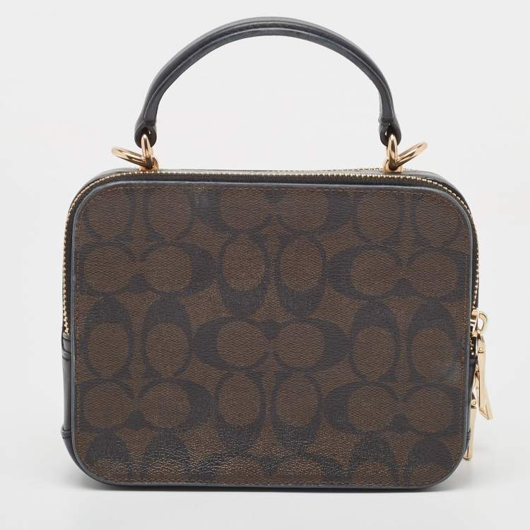 Pre Owned Coach Brown/Black Signature Coated Canvas and Leather Box Top Handle Bag