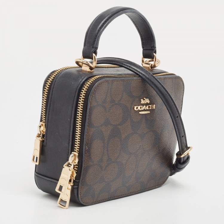 Pre Owned Coach Brown/Black Signature Coated Canvas and Leather Box Top Handle Bag