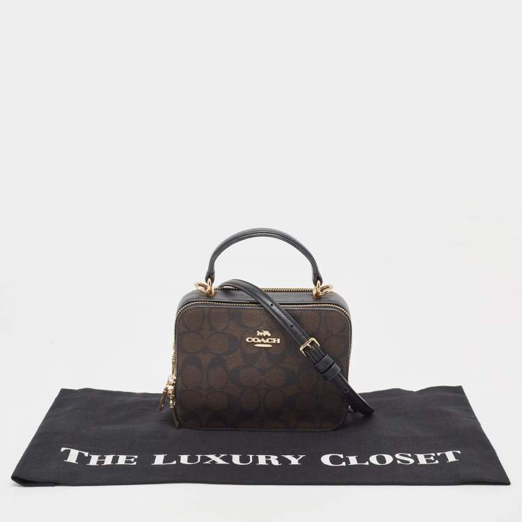 Pre Owned Coach Brown/Black Signature Coated Canvas and Leather Box Top Handle Bag