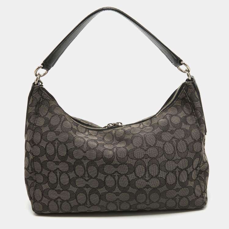 Pre Owned Coach Black/Dark Grey Signature Canvas East West Celeste Hobo