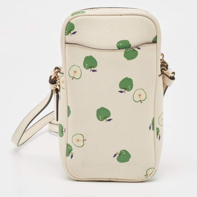 Pre Owned Coach Off White/Green Apple Print Coated Canvas North/South Crossbody Bag
