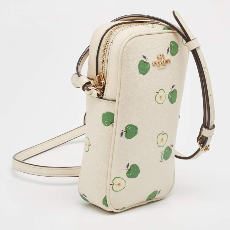 Pre Owned Coach Off White/Green Apple Print Coated Canvas North/South Crossbody Bag