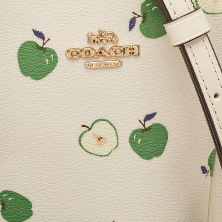 Pre Owned Coach Off White/Green Apple Print Coated Canvas North/South Crossbody Bag