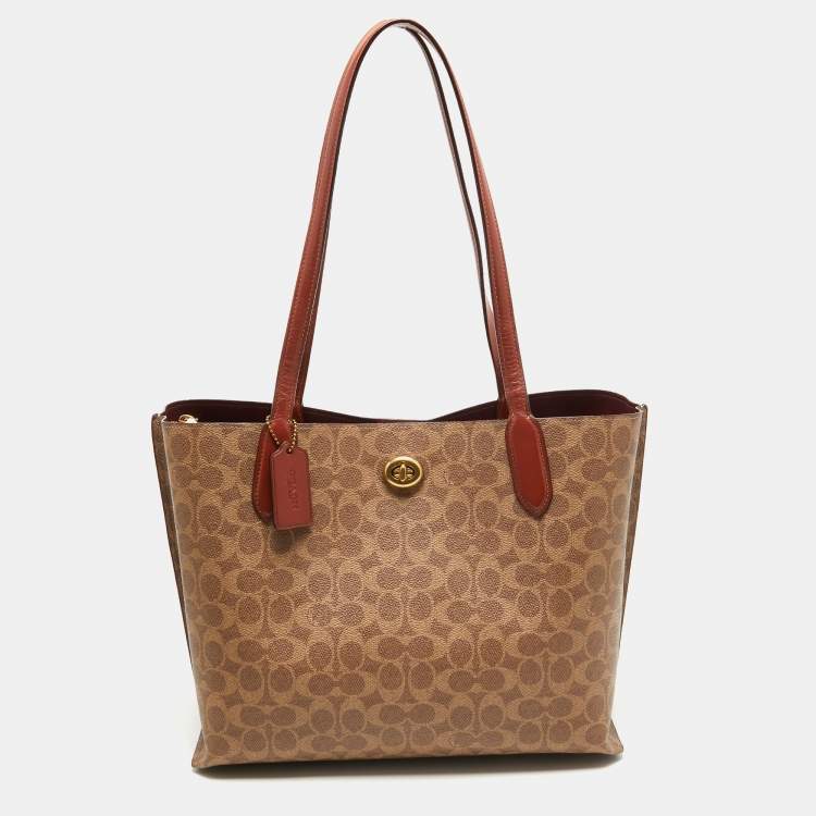 Pre Owned Coach Brown/Beige Signature Coated Canvas Willow Tote