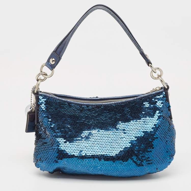 Pre Owned Coach Blue/Silver Sequins and Leather Groovy Hobo