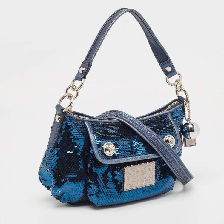 Pre Owned Coach Blue/Silver Sequins and Leather Groovy Hobo