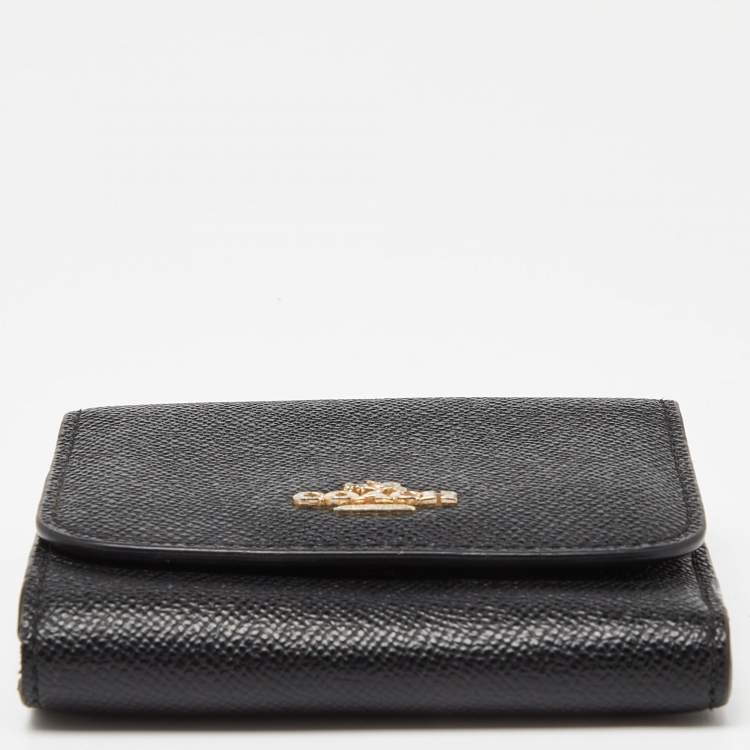 Pre Owned Coach Black Leather Trifold Compact Wallet