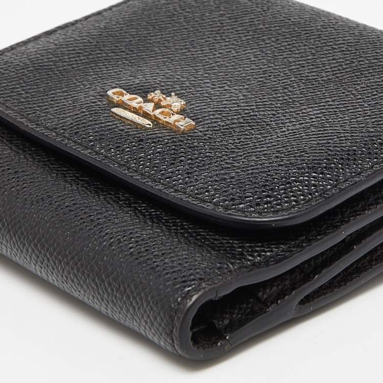 Pre Owned Coach Black Leather Trifold Compact Wallet