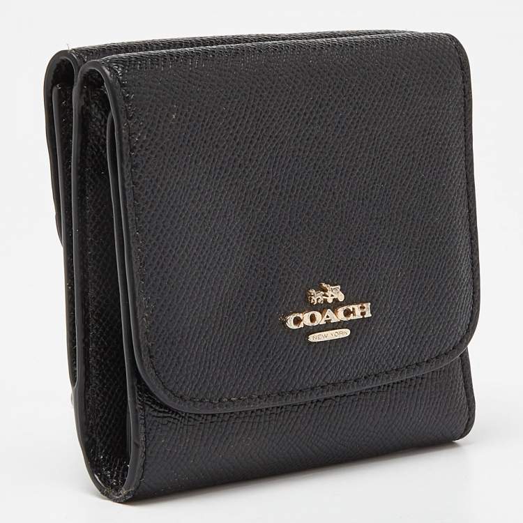 Pre Owned Coach Black Leather Trifold Compact Wallet