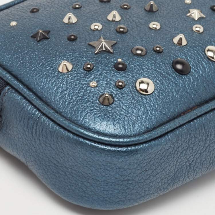 Pre Owned Coach Metallic Blue Leather Studded Double Zip Crossbody Bag