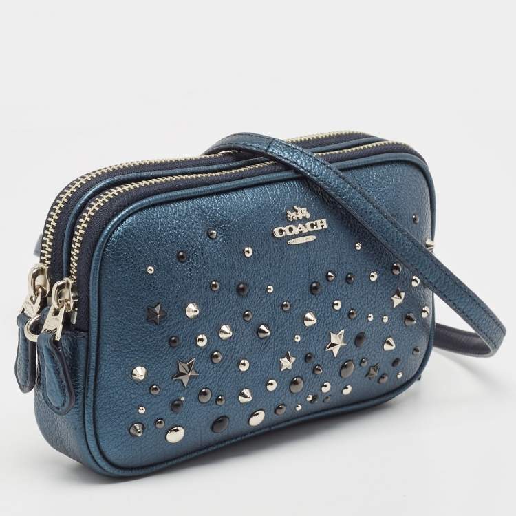 Pre Owned Coach Metallic Blue Leather Studded Double Zip Crossbody Bag