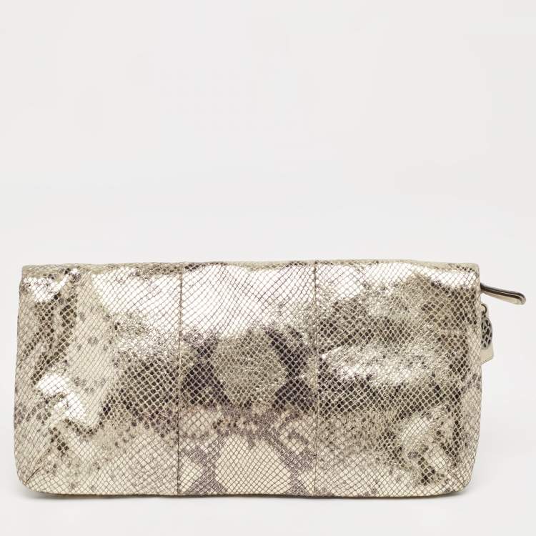 Pre Owned Coach Metallic Silver/Black Python Embossed Leather Flap Clutch