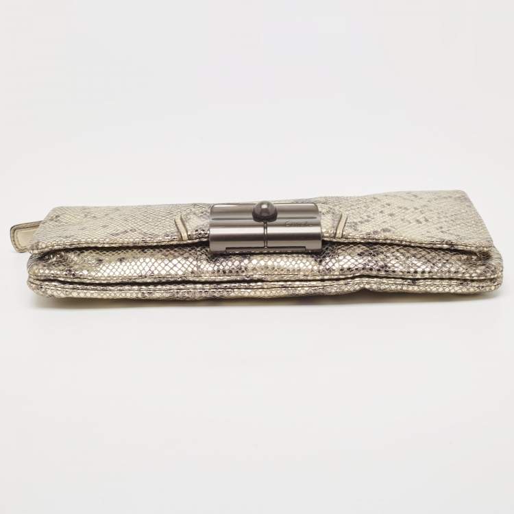 Pre Owned Coach Metallic Silver/Black Python Embossed Leather Flap Clutch