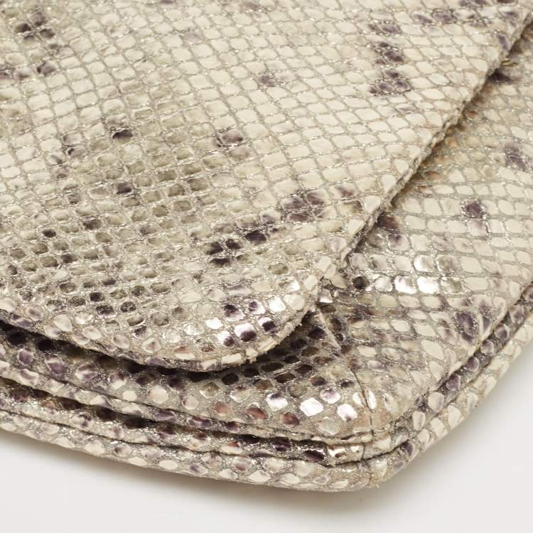 Pre Owned Coach Metallic Silver/Black Python Embossed Leather Flap Clutch