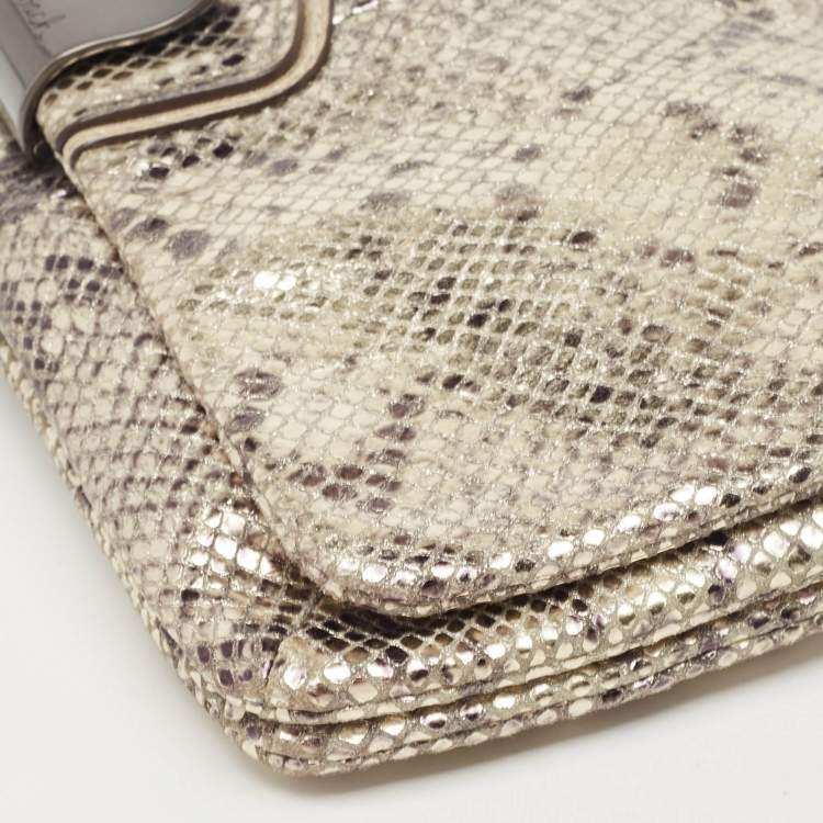 Pre Owned Coach Metallic Silver/Black Python Embossed Leather Flap Clutch