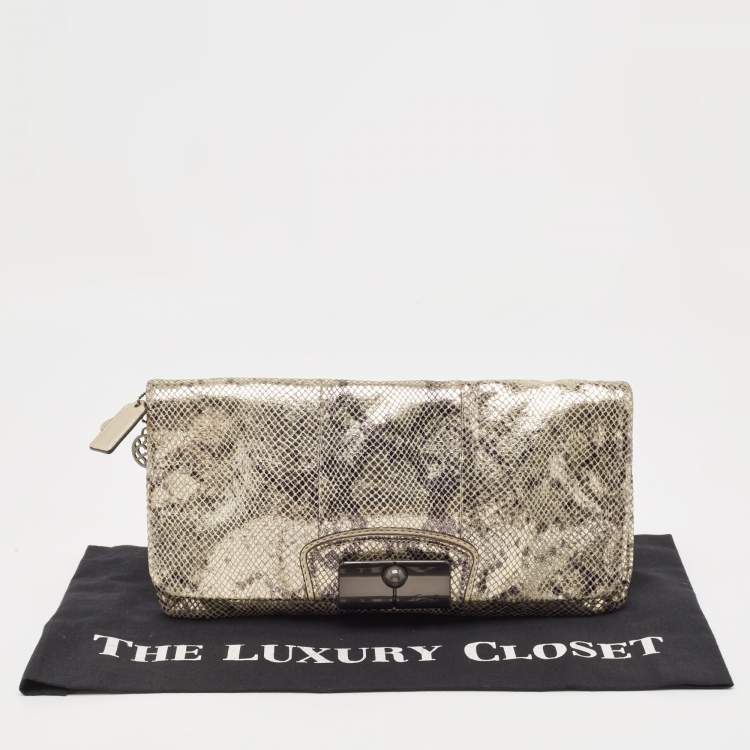 Pre Owned Coach Metallic Silver/Black Python Embossed Leather Flap Clutch