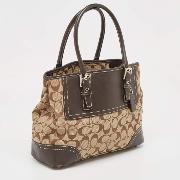 Pre Owned Coach Dark Brown/Beige Signature Canvas and Leather Hampton Tote