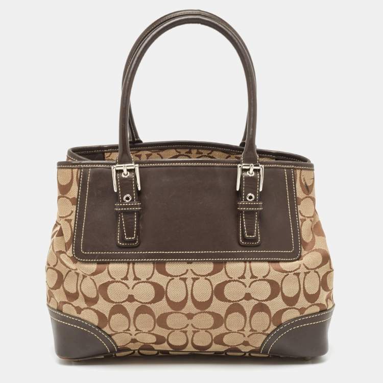 Pre Owned Coach Dark Brown/Beige Signature Canvas and Leather Hampton Tote