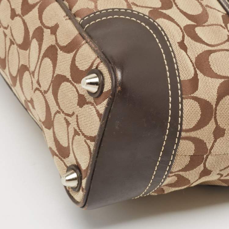 Pre Owned Coach Dark Brown/Beige Signature Canvas and Leather Hampton Tote
