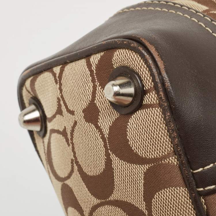 Pre Owned Coach Dark Brown/Beige Signature Canvas and Leather Hampton Tote