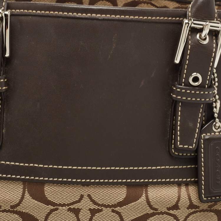 Pre Owned Coach Dark Brown/Beige Signature Canvas and Leather Hampton Tote