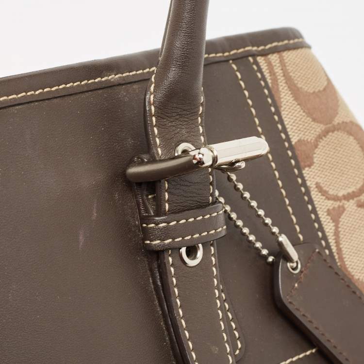 Pre Owned Coach Dark Brown/Beige Signature Canvas and Leather Hampton Tote