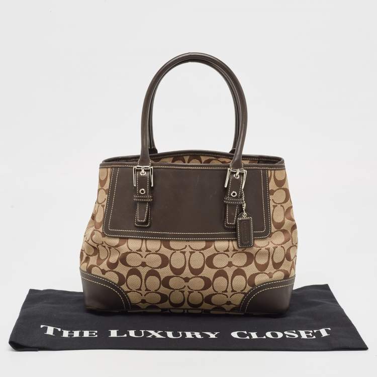 Pre Owned Coach Dark Brown/Beige Signature Canvas and Leather Hampton Tote
