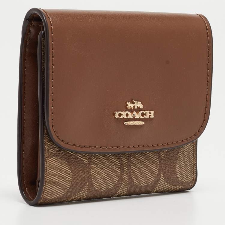 Pre Owned Coach Beige/Brown Signature Coated Canvas and Leather Trifold Wallet