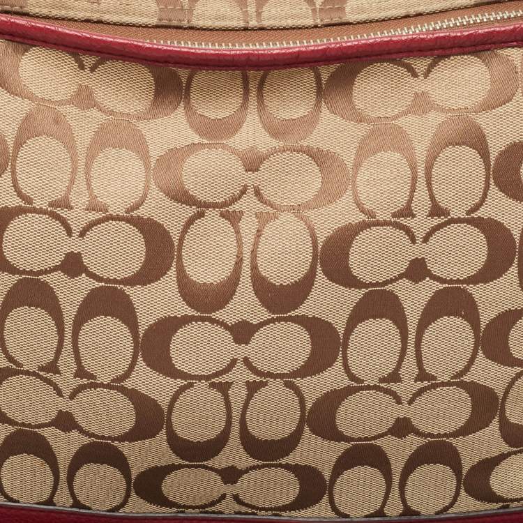 Pre Owned Coach Beige/Burgundy Signature Canvas and Leather Carrie Tote