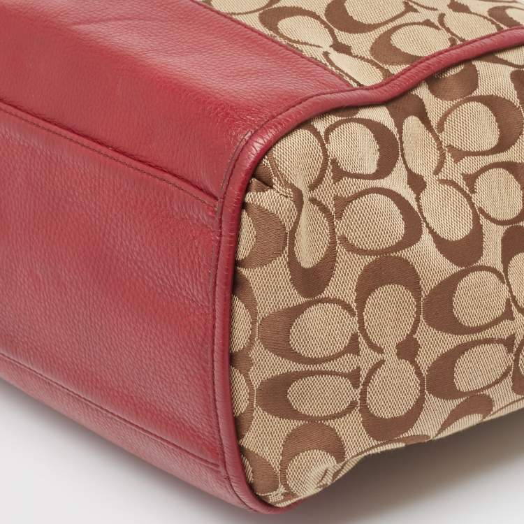 Pre Owned Coach Beige/Burgundy Signature Canvas and Leather Carrie Tote